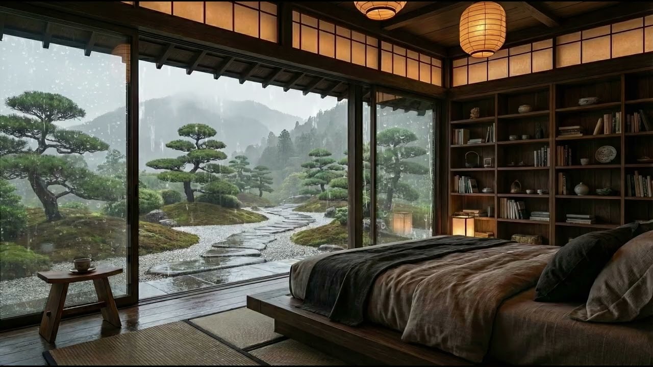 3 HOURS Rain Sounds | Cozy Japanese Glass Room Night | Deep Sleep & Relax