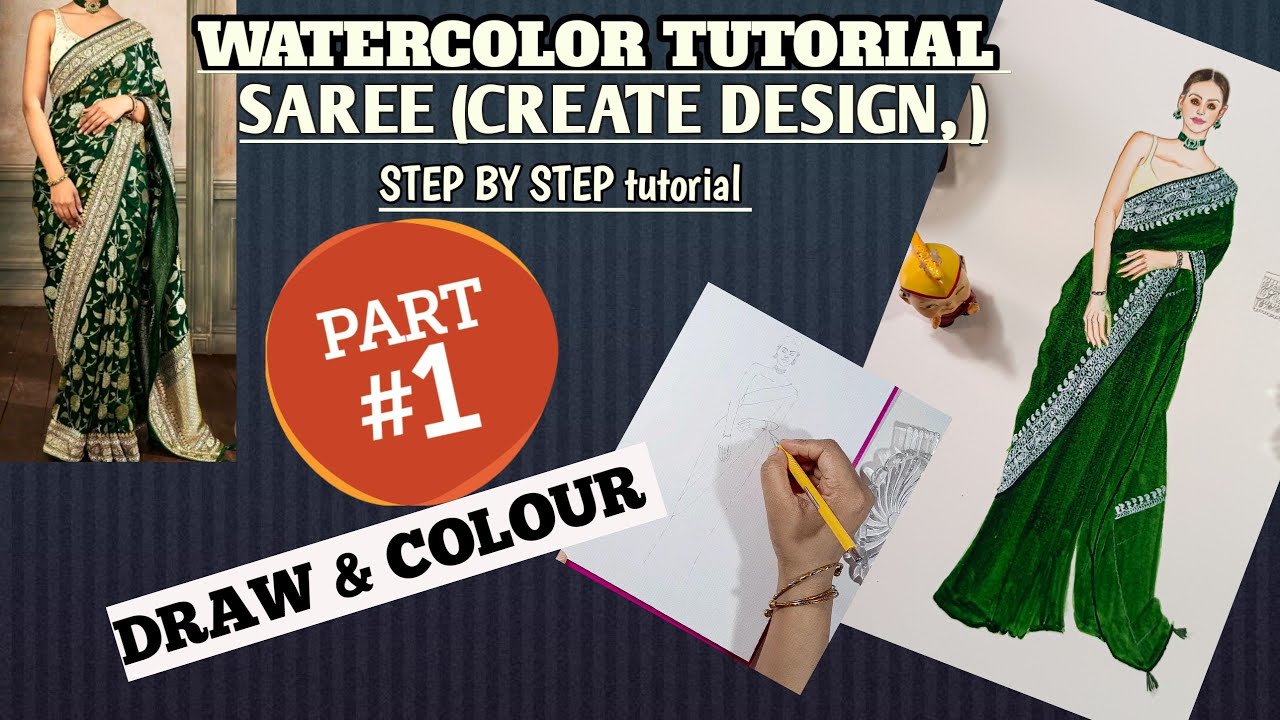 How to draw Saree || Banarsi saree,Design, Embroidery|| WatercolorTutorial || Fashion illustration