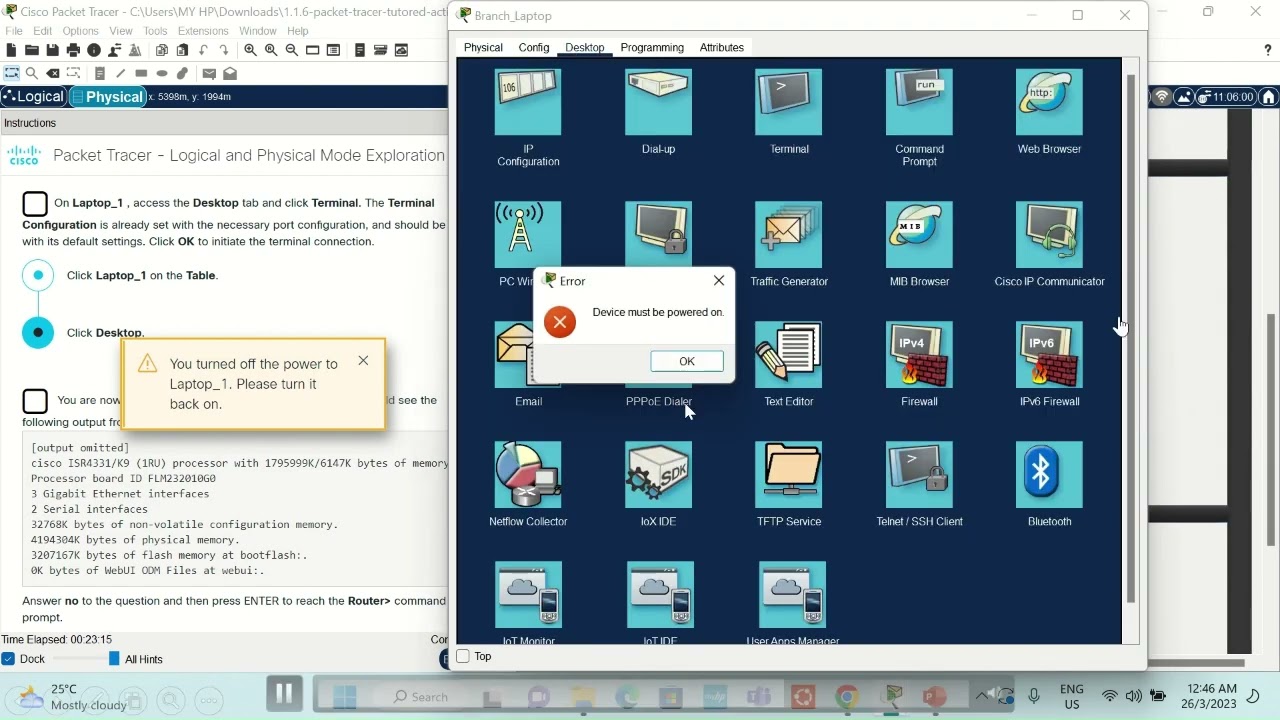 ASSIGNMENT 1 - Video 1; 1.1.6 Packet Tracer Tutored Activity - Logical and Physical Mode