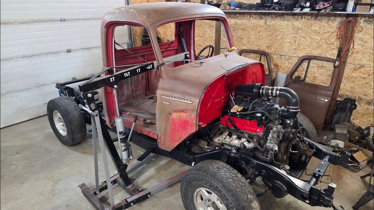 Getting the 56 IH Cab on the Caddy Frame, International Pickup Frame Swap Project