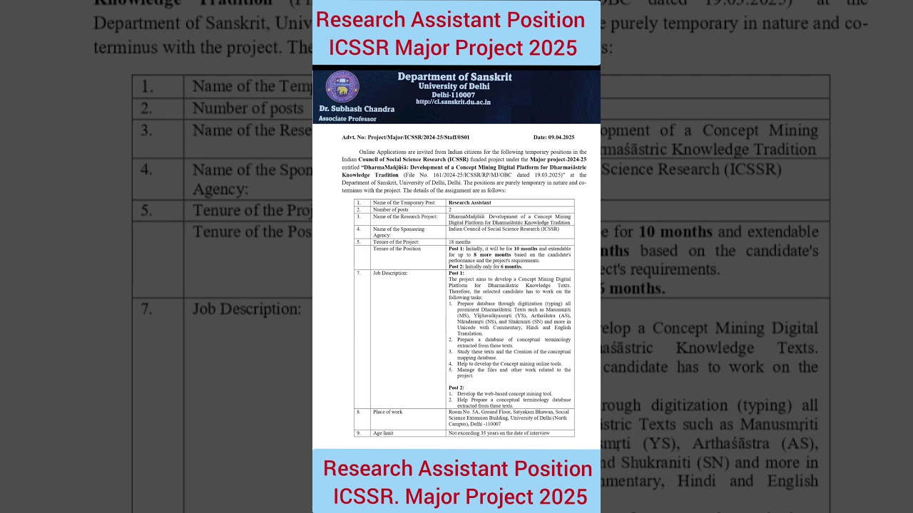 research assistant position in icssr major project 2025| icssr major project research project 2025|
