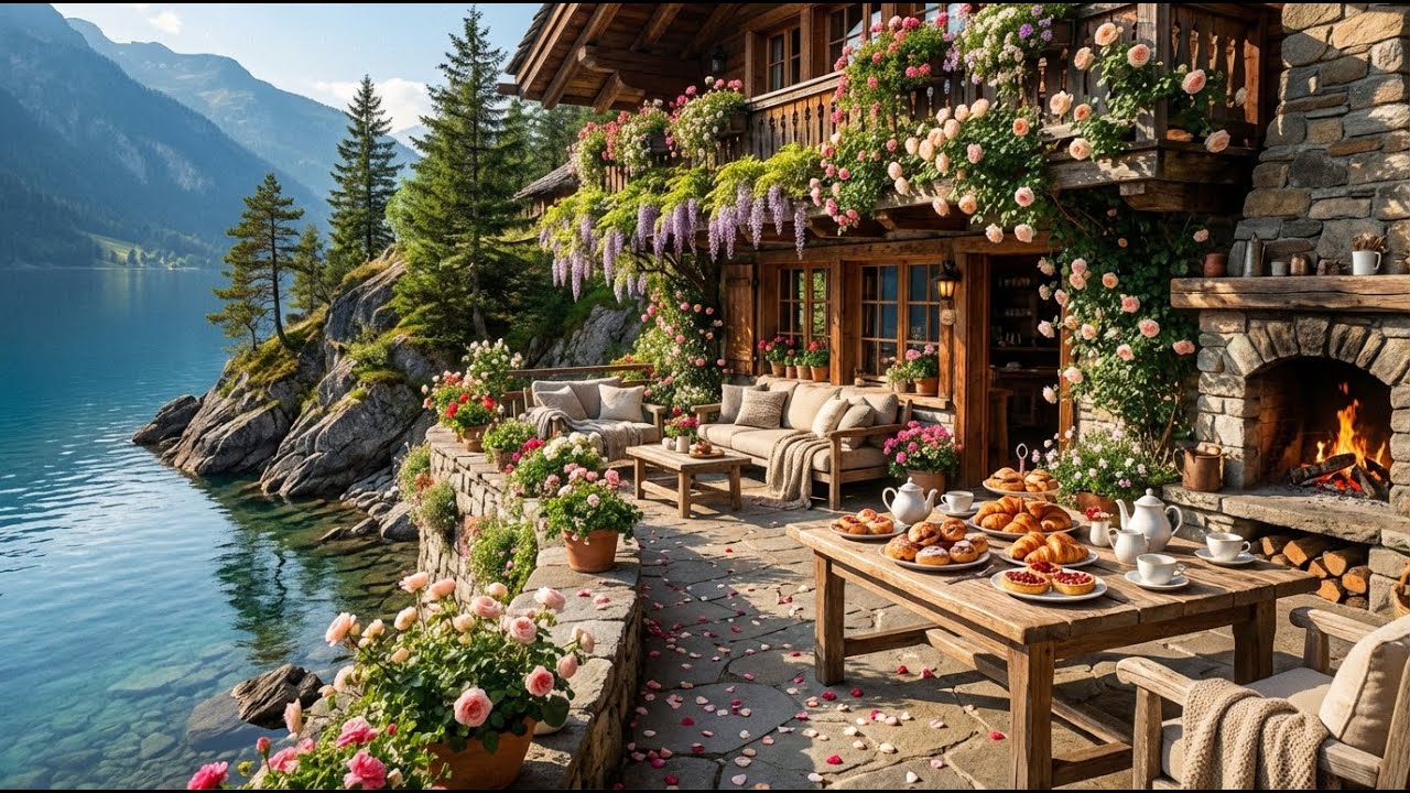 Cozy Spring Coffee Shop Terrace Garden with Smooth Jazz Piano for Productivity