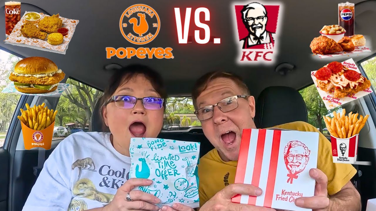 Popeyes vs KFC - Chicken Battle - Chizza & Flounder Fish Sandwich??? - Eat With Us! 🐔🐟🍕🍟🥤