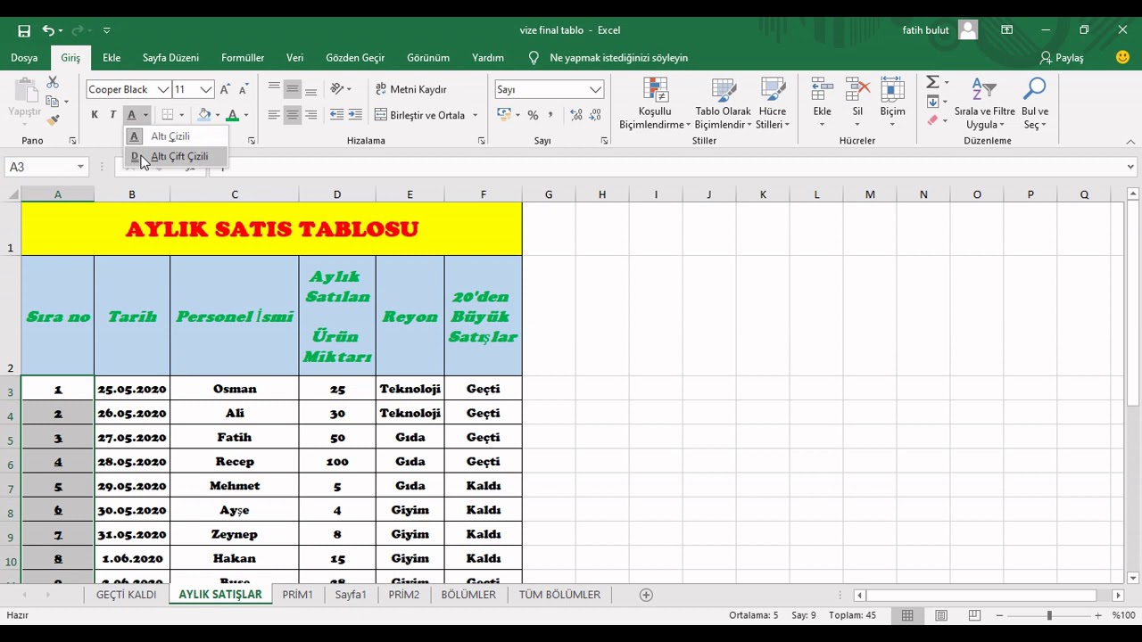 MS Excel Yazı Tipi Ayarları