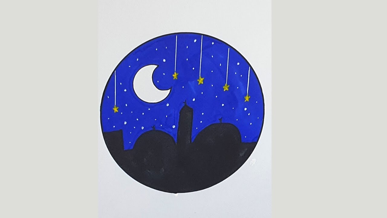 رسم سهل | تعليم رسم هلال رمضان سهل و مسجد داخل دائره | تعليم الرسم