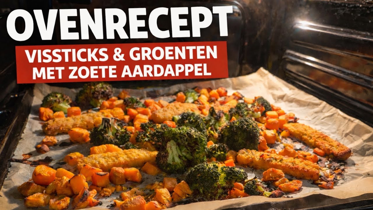 Zoete aardappel blokjes en broccoli uit de oven met vissticks alles op een bakplaat recept