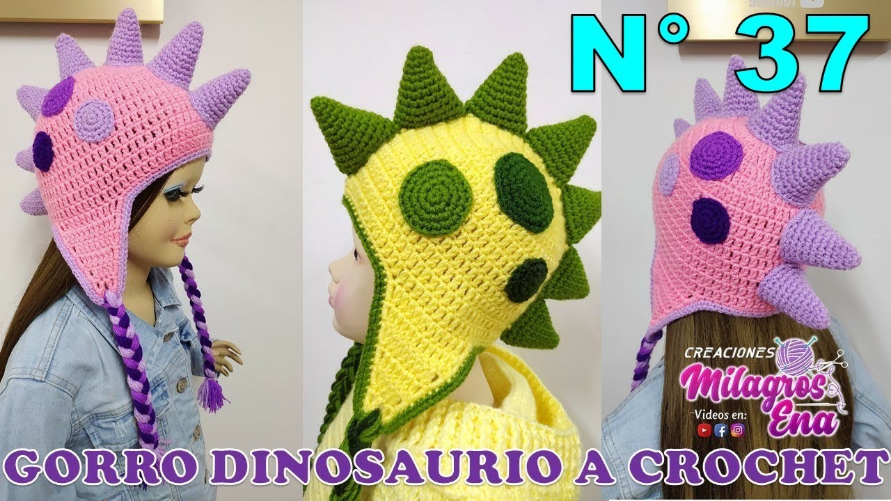 Como tejer el Gorro N° 37 tejido a crochet modelo Dinosaurio paso a paso para bebes, niñas y niños