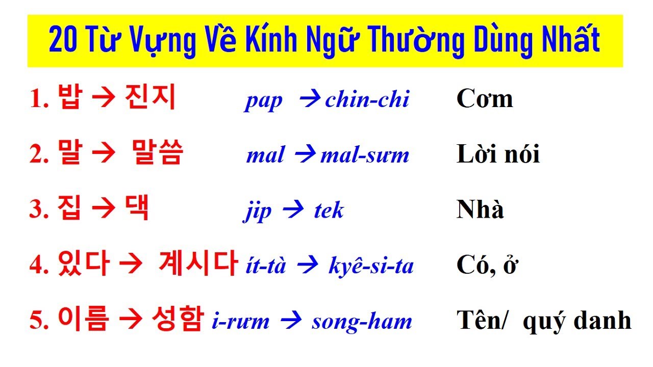 20 TỪ VỰNG VỀ KÍNH NGỮ TIẾNG HÀN THƯỜNG DÙNG NHẤT | Hàn Quốc Sarang