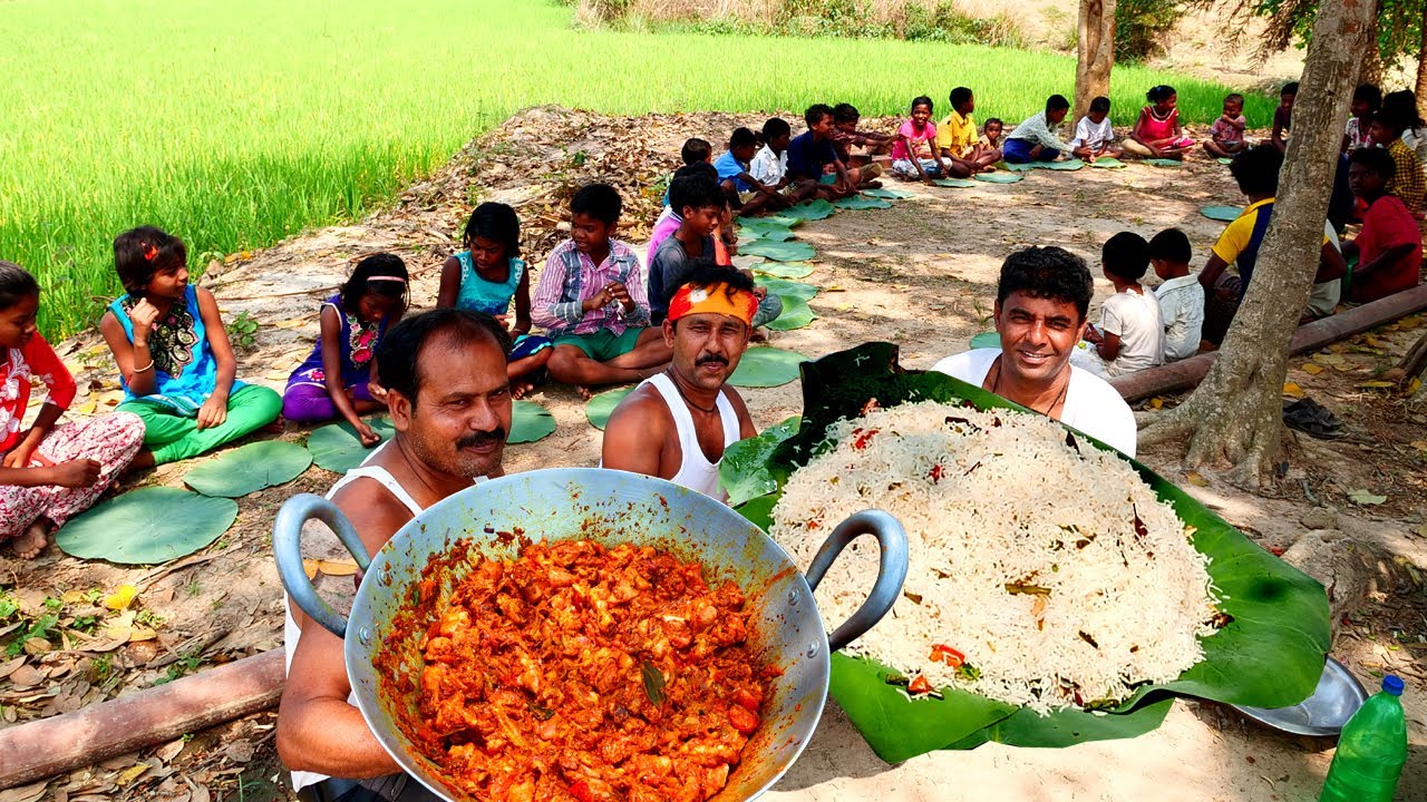 Veg Fried Rice & Chicken Kosha Recipe for 50 Children | villfood Kitchen