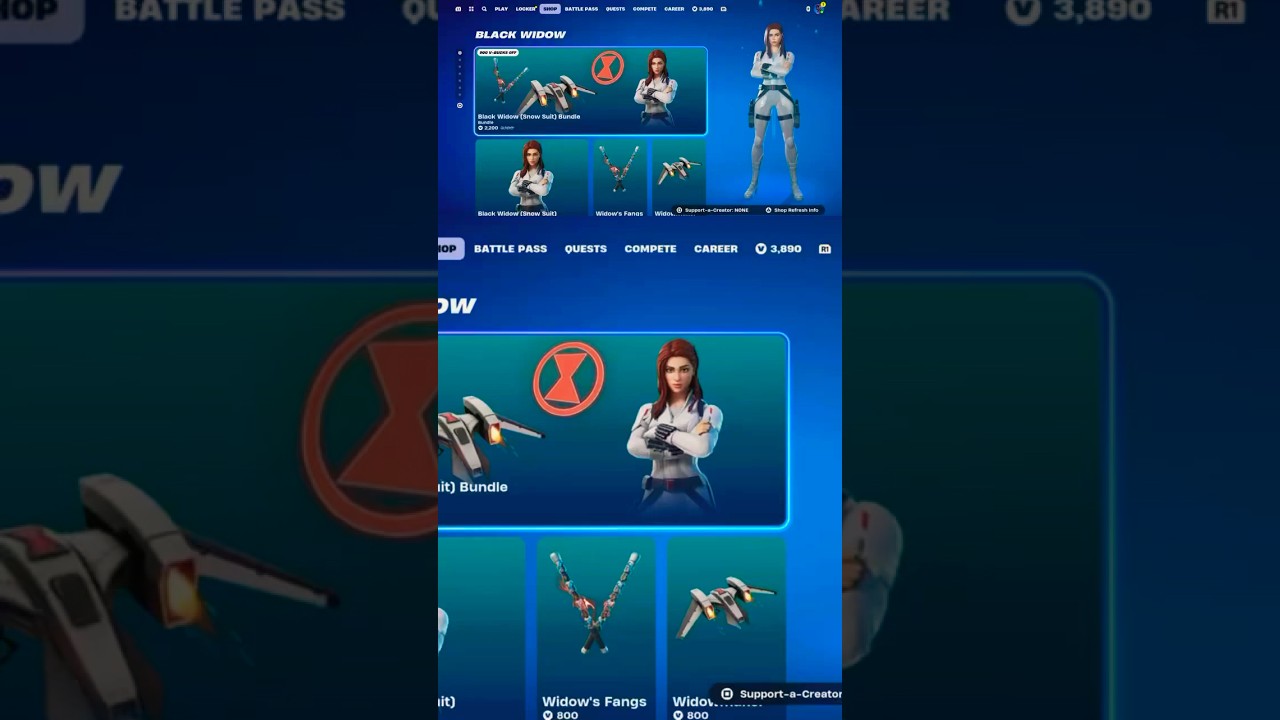 #fortnite Black Widow Snow Suit Bundle featuring back bling, pickaxe & parachute #gaming #marvel