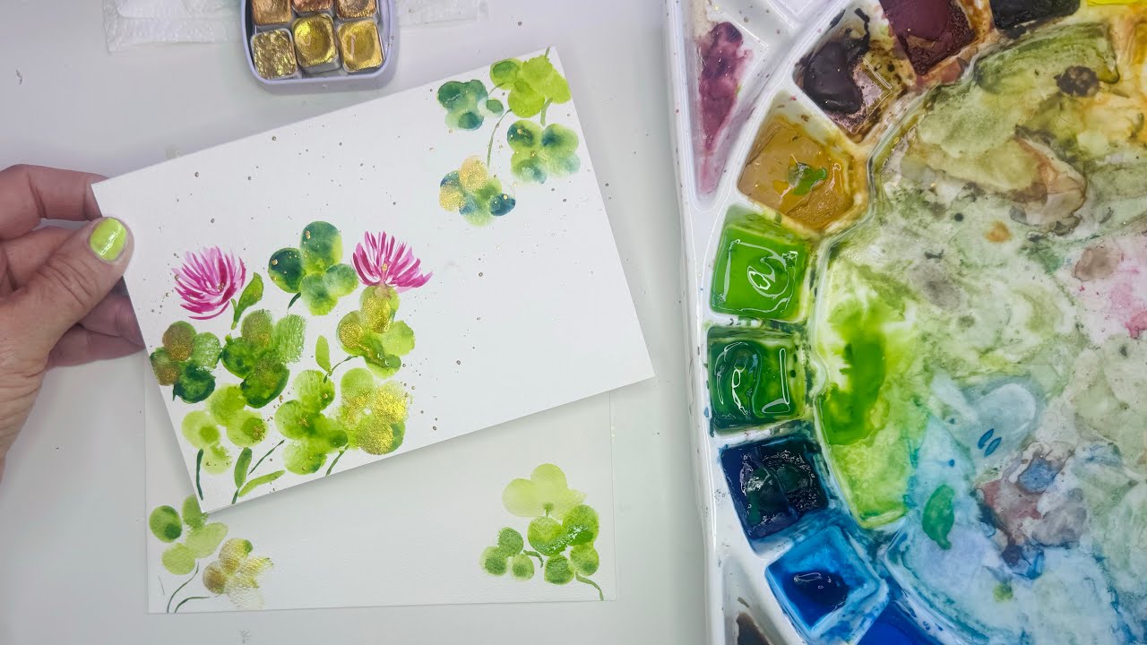 Отпечаток пальца, двулистный четырехлистный клевер 🍀 Простейшая идея для открытки акварелью, идеа...