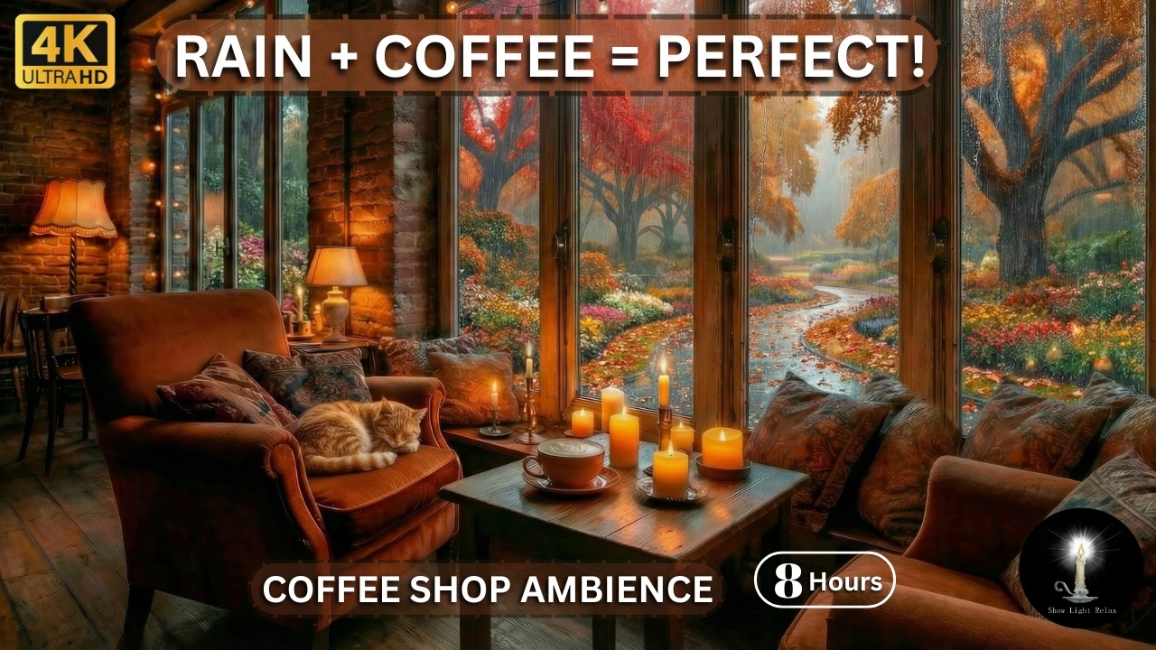 Rain Sounds for Sleep ☕ Cozy Coffee Shop Ambience • Heavy Rain on Windows (8 Hours, No Music)