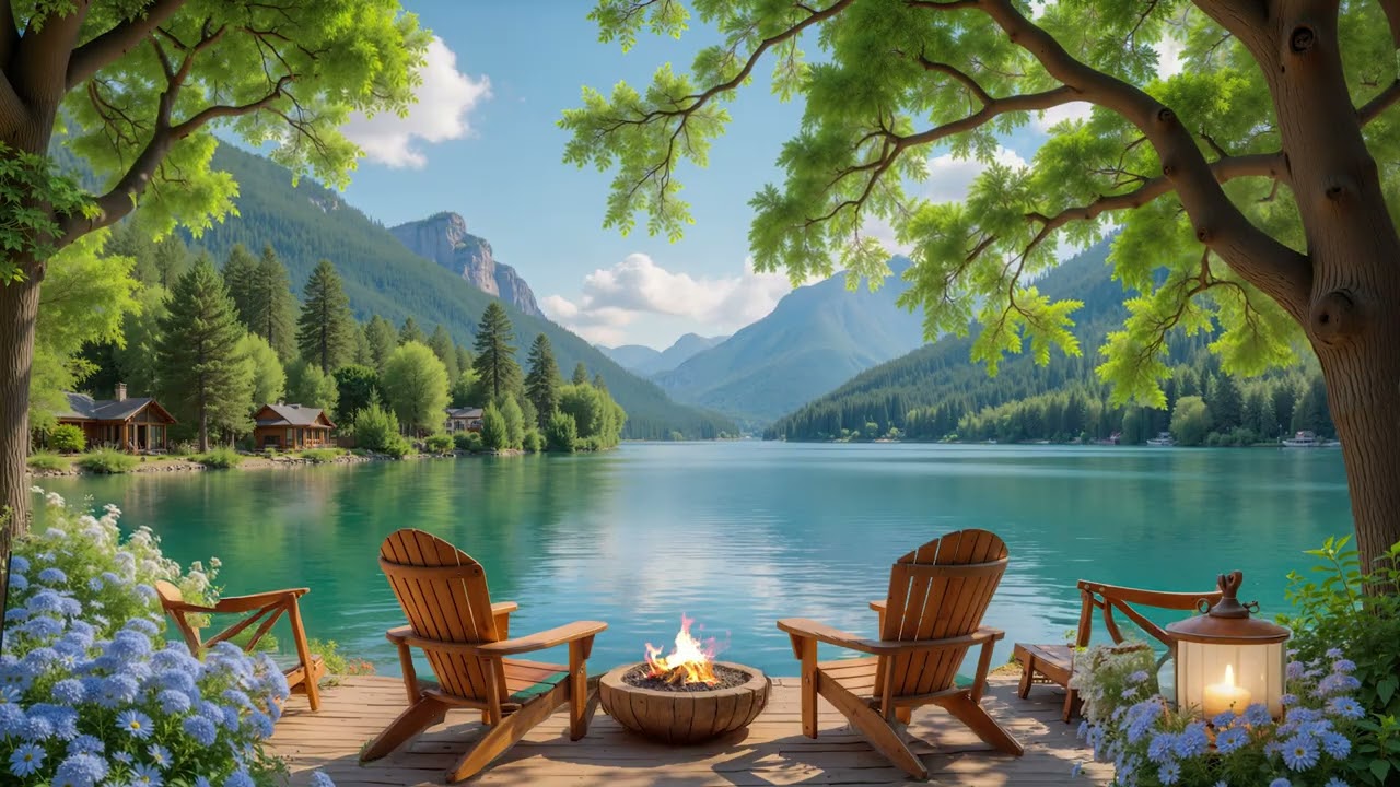 Peaceful Lakeside Spring 🌿 Relaxing Piano Music and Fireplace for Study , Calm
