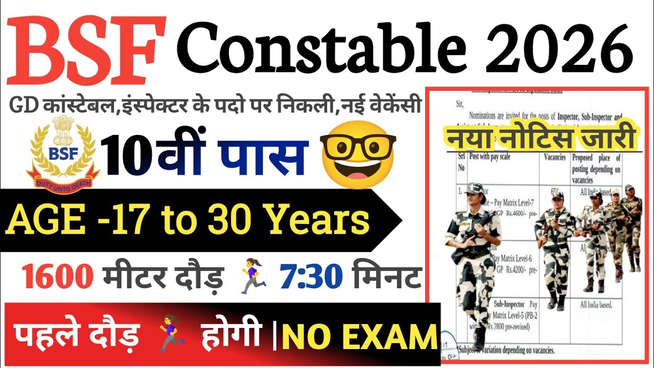 BSF Rally Recruitment 2026 Notification | BSF New Vacancy 2026 | Bharti February Job 2026 | 10th Pas