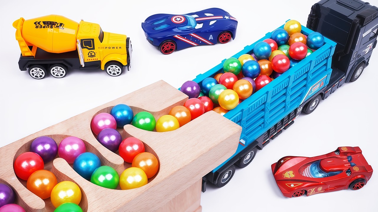 Marble Run Race ☆ HABA Slope&Retro Makita Truck, Excavator, Garbage Truck, Dump Truck,Ambulances#124