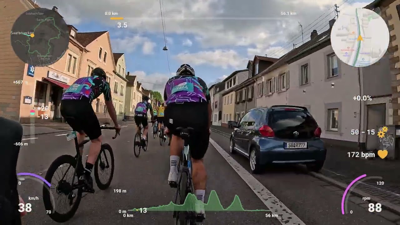 Cycling Tour Saarbrücken 2024: 65 km mit 30,1 km/h (Full Race mit Telemetrie)
