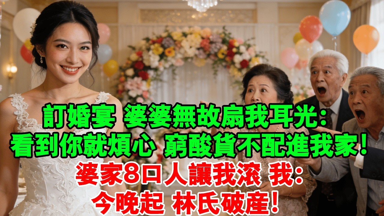 【完結爽文】訂婚宴 婆婆無故打我耳光：看到你就煩心，窮酸貨不配進我家！婆家8口人要我滾，我：今晚起 林氏破產！#婆媳 #情感故事 #為人處世 #故事 #家庭倫理 #老年生活