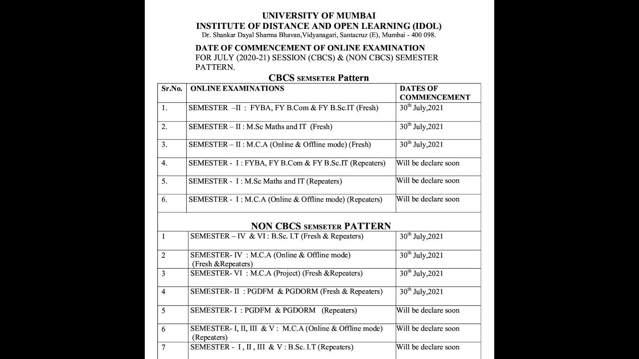 IDOL Mumbai University, semester II July Session Exam Dates 2021