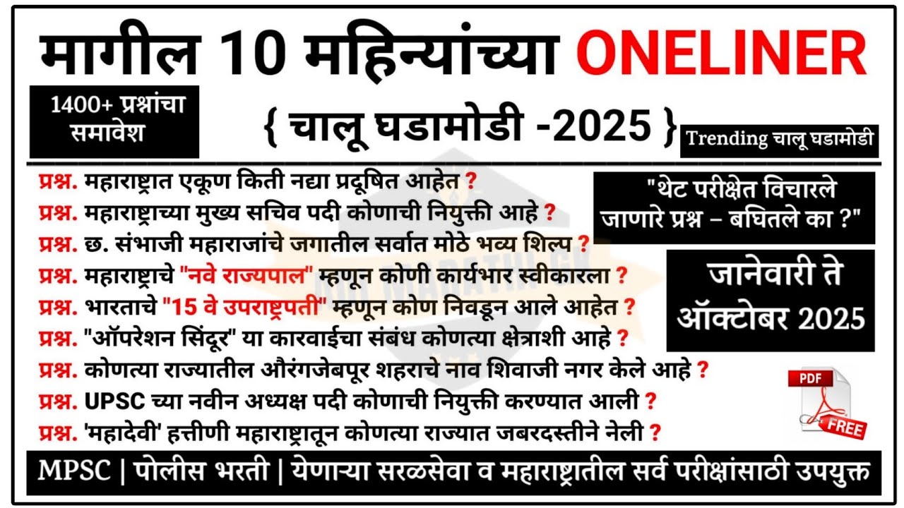 जानेवारी ते ऑक्टोबर चालू घडामोडी 2025 | Last 10 month Current Affairs Question | Chalu Ghadamodi2025
