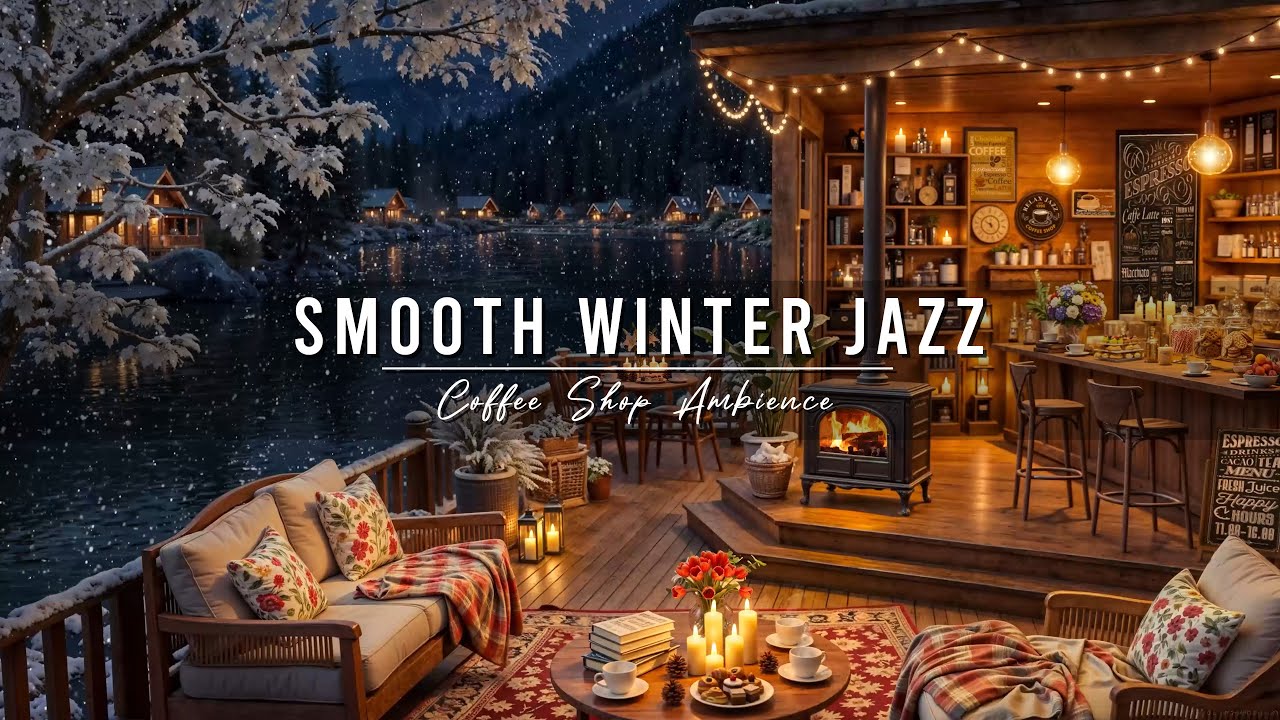 Warm Jazz Instrumental Music & Snowfall at Winter Coffee Shop Ambience ⛄ Smooth Jazz Music to Relax