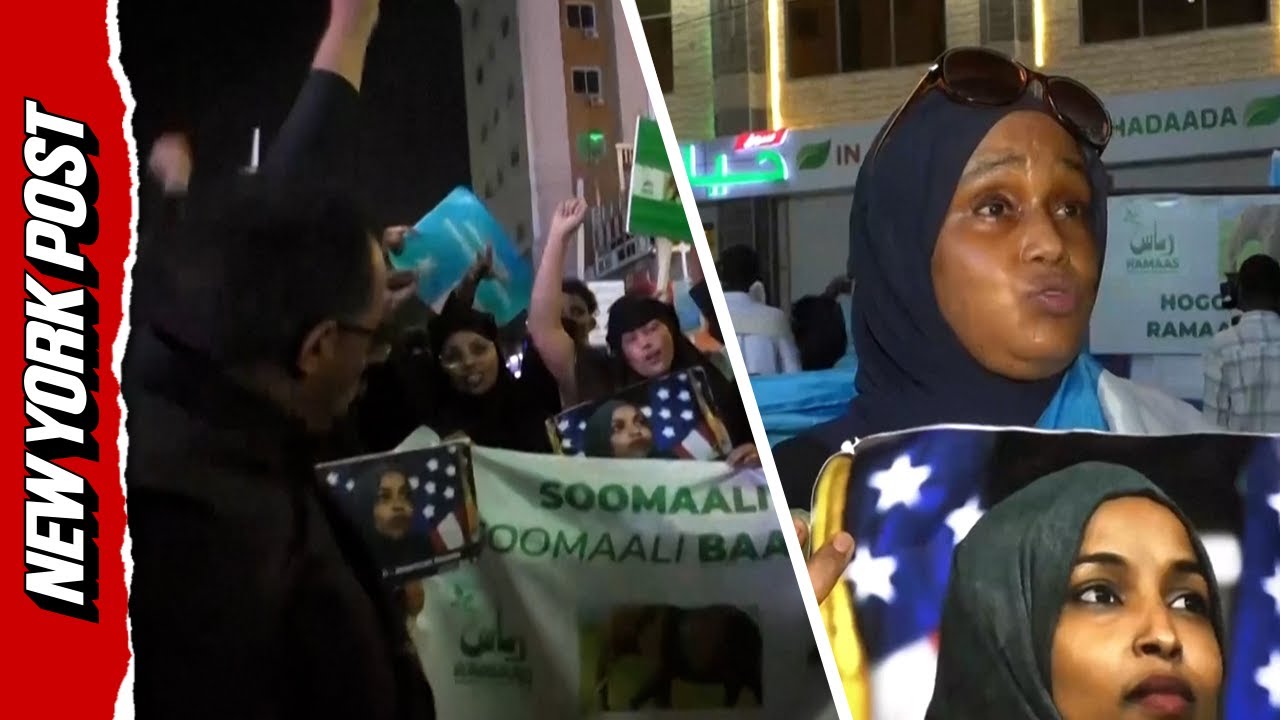 Somali Protestors Hold up Posters of Rep. Ilhan Omar During Mogadishu Demonstration Against Trump