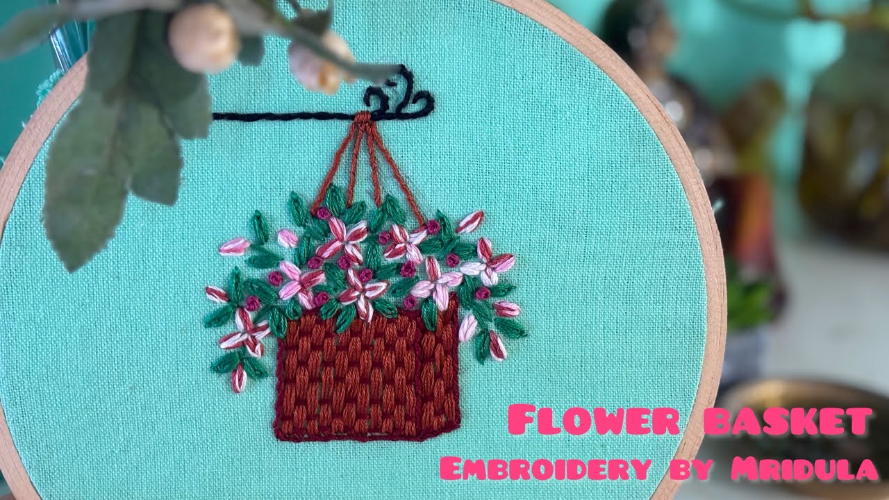 Hanging flower basket embroidery design | Hand embroidery tutorial |Basket weaving stitch 