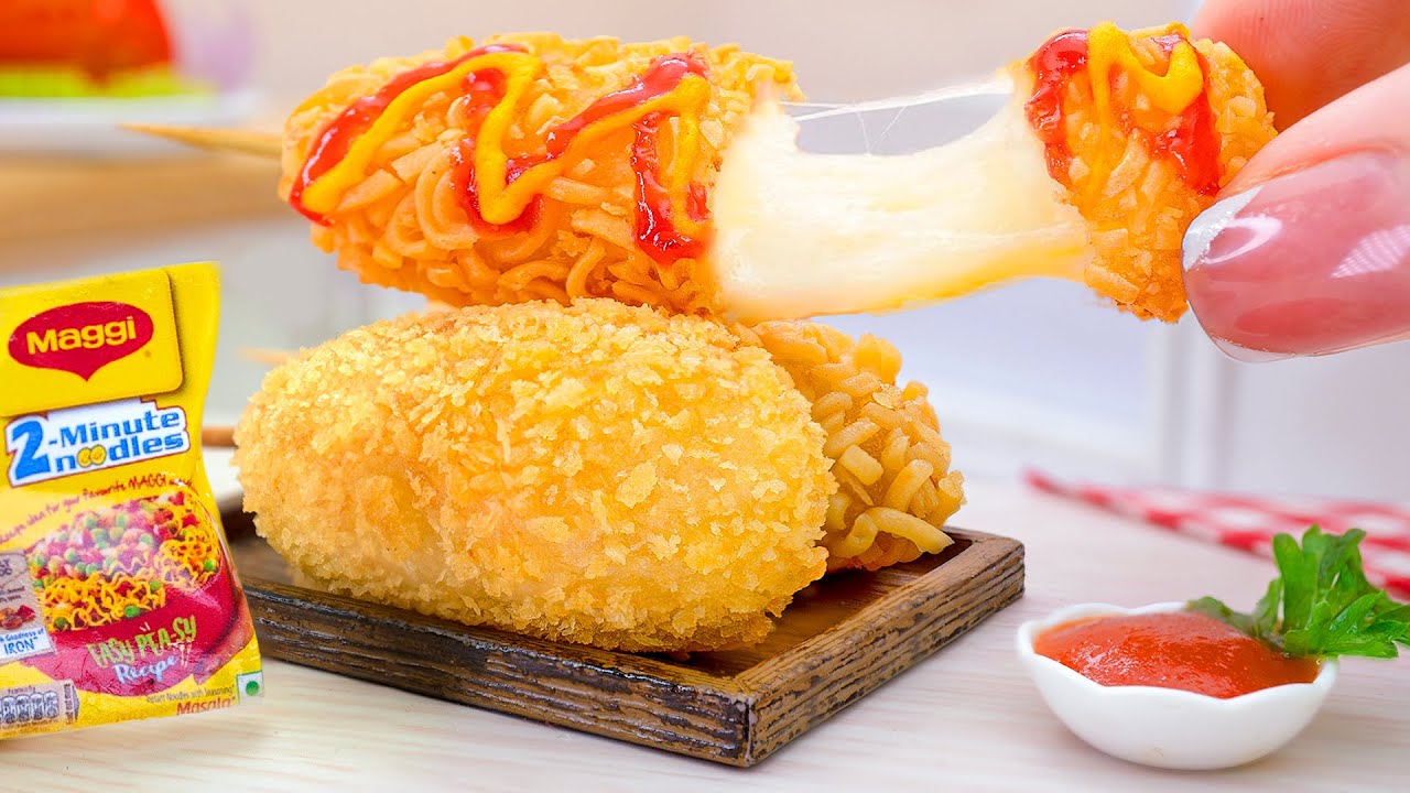 Миниатюрный хрустящий корейский сырный хот-дог с рецептом лапши Maggi 🧀 Мини-вкусный сырный корн-дог