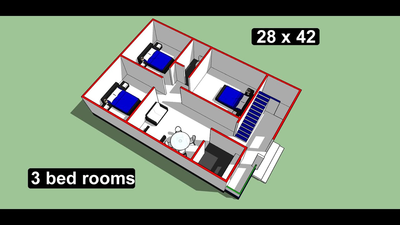 28 x 42 sqft 3 bed rooms house plan design II 28 x 42 simple ghar ka naksha  II 3 bhk house design