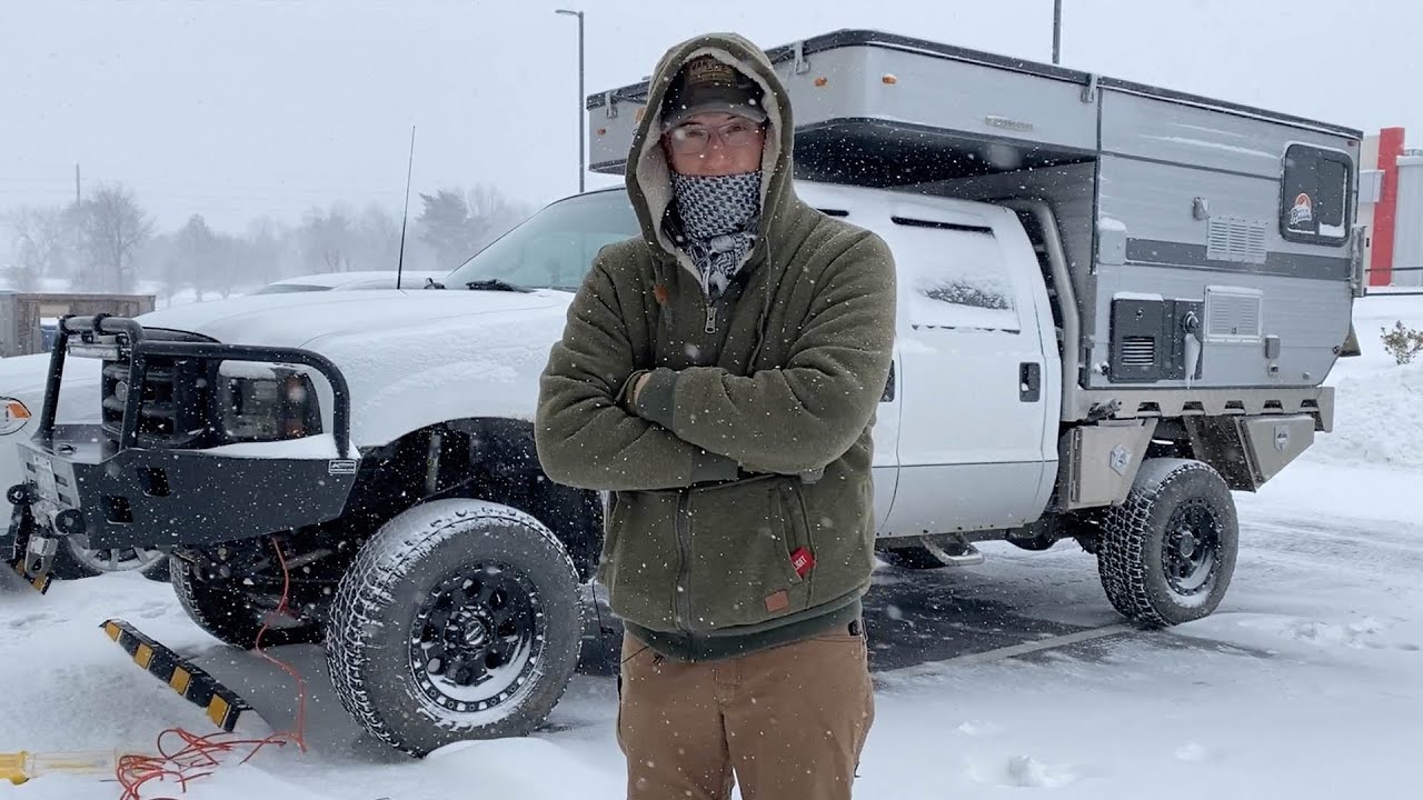 WINTER CAMPING AT -12F IN A POP-UP TRUCK CAMPER DURING A WINTER STORM