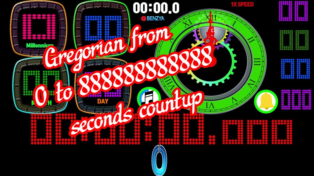 Gregorian from 0 to 888,888,888,888 seconds countup timer  alarm🔔