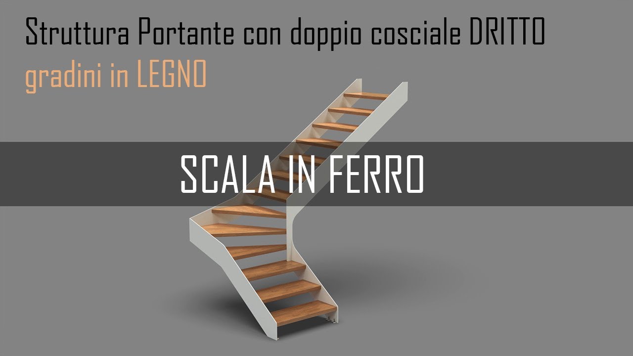 scala in ferro rettilinea con doppio cosciale dritto e gradini in legno