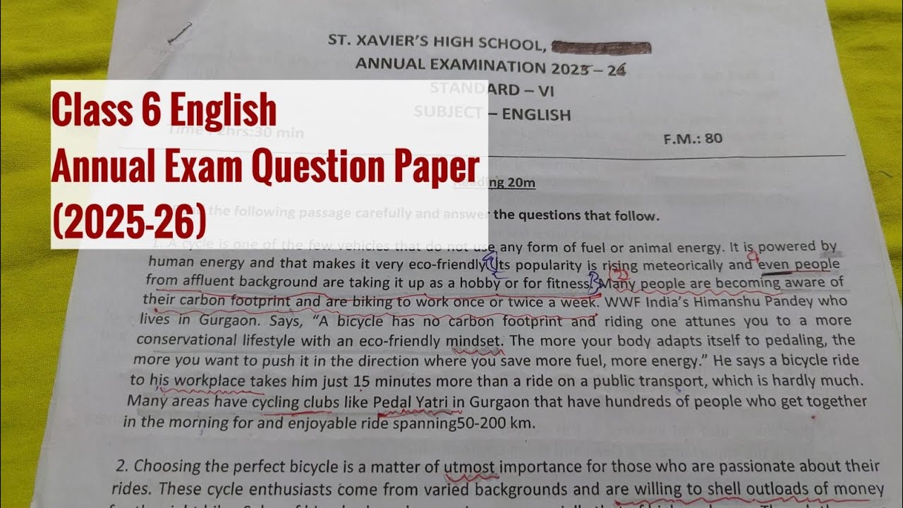 Class 6 English l  Annual  Exam Question Paper (2025-26) l CBSE l St.  Xavier's High School