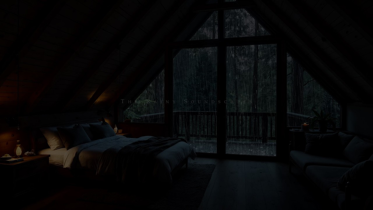 Rain Sound on Window in Dark Cabin (No Ads) Relaxing with Rain - Thunder for Sleep & Meditation