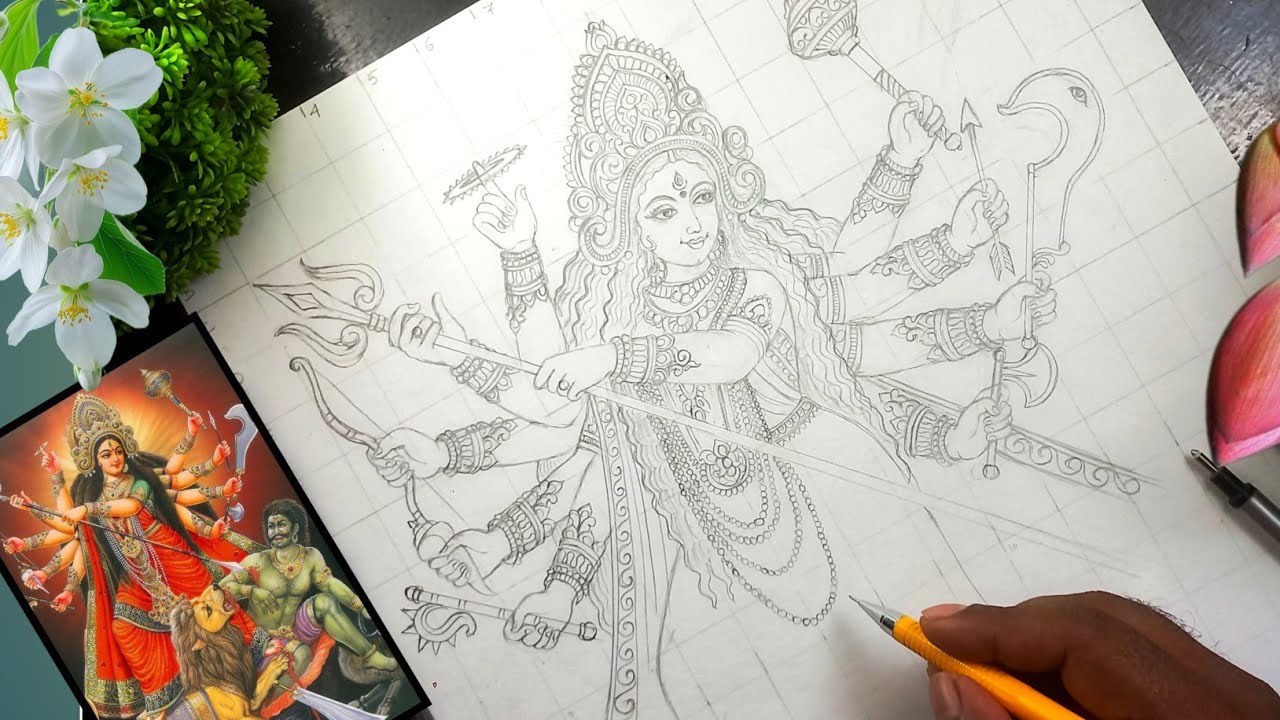 Maa Durga Drawing, Durga Maa Drawing, Navratri  Drawing, Durga Puja Drawing, Devi Durga ( part-1)