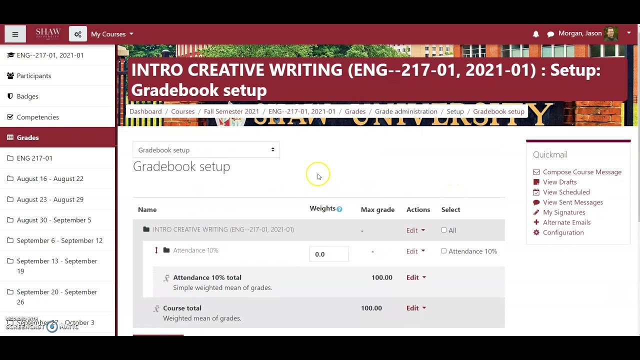 Setting up gradebook weighted grades Fall 2021