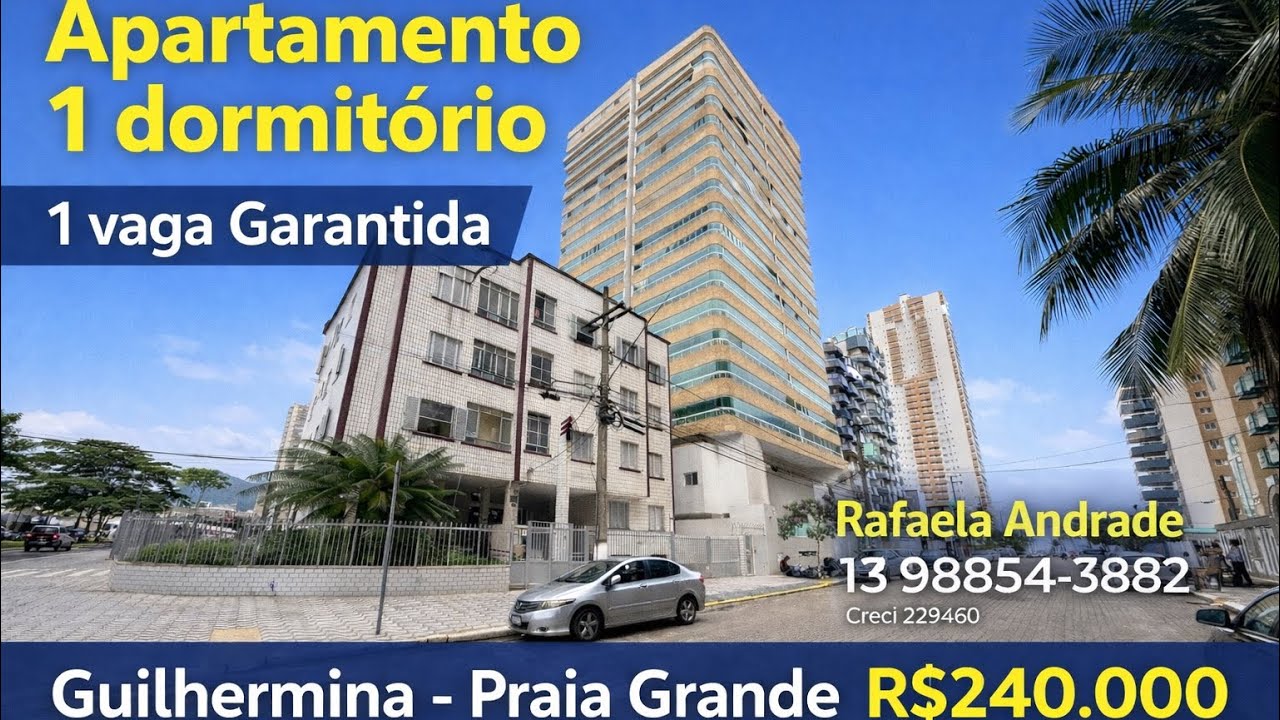R$240.000 | 1 dormitório | 1• andar | 1 vaga | 150 m mar | Guilhermina | Praia Grande. OPORTUNIDADE 