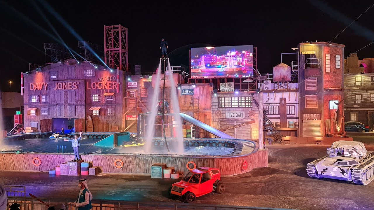 Harbour Force Stunt Show Live & Unedited Global Village 2022 Dubai UAE, Neon Cars, Pyrotechnics, jet