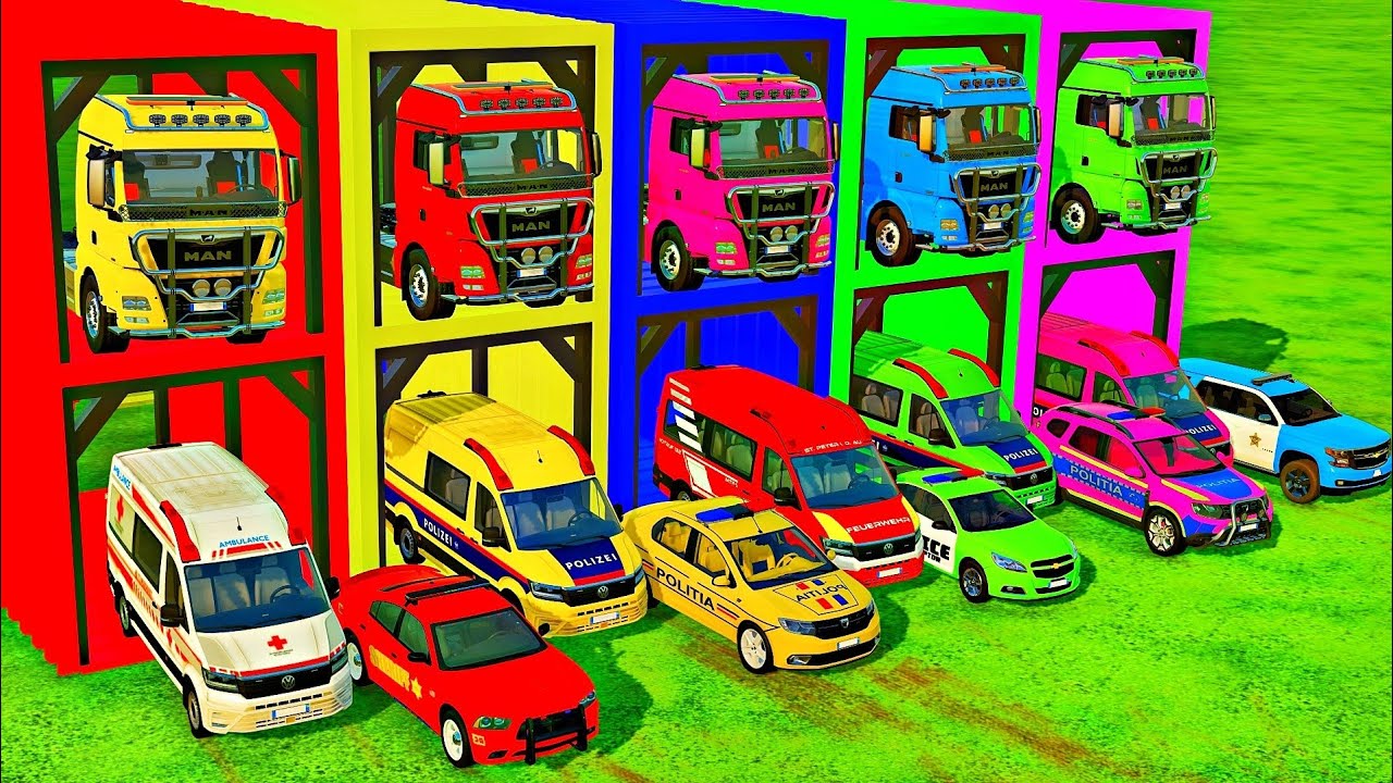 TRANSPORTING ALL POLICE CARS and AMBULANCE EMERGENCY VEHICLES WITH MERCEDES POLICE TRUCKS! FS22