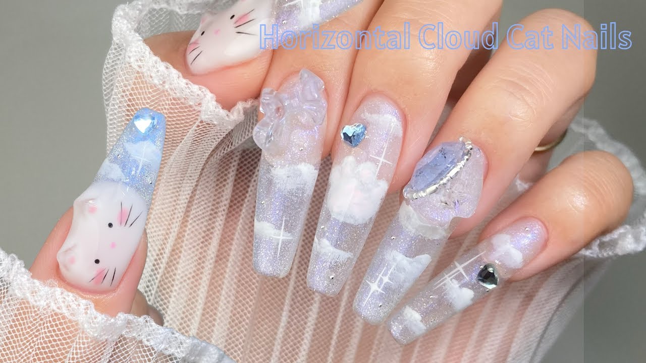 Cloud Cat Nail ☁️🐈| Trendy Horizontal Nail | Korean Nails | Self Nail | Nail Art | ASMR