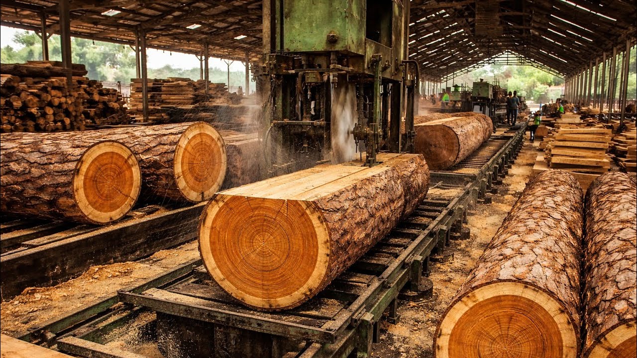 Massive Teak Logs at the Sawmill! From Raw Trunk to High-Value Lumber