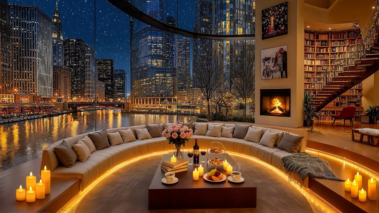 Chicago River on Winter Night 🌃 Cozy Luxury Apartment with Relaxing Jazz Music & Crackling Fireplace