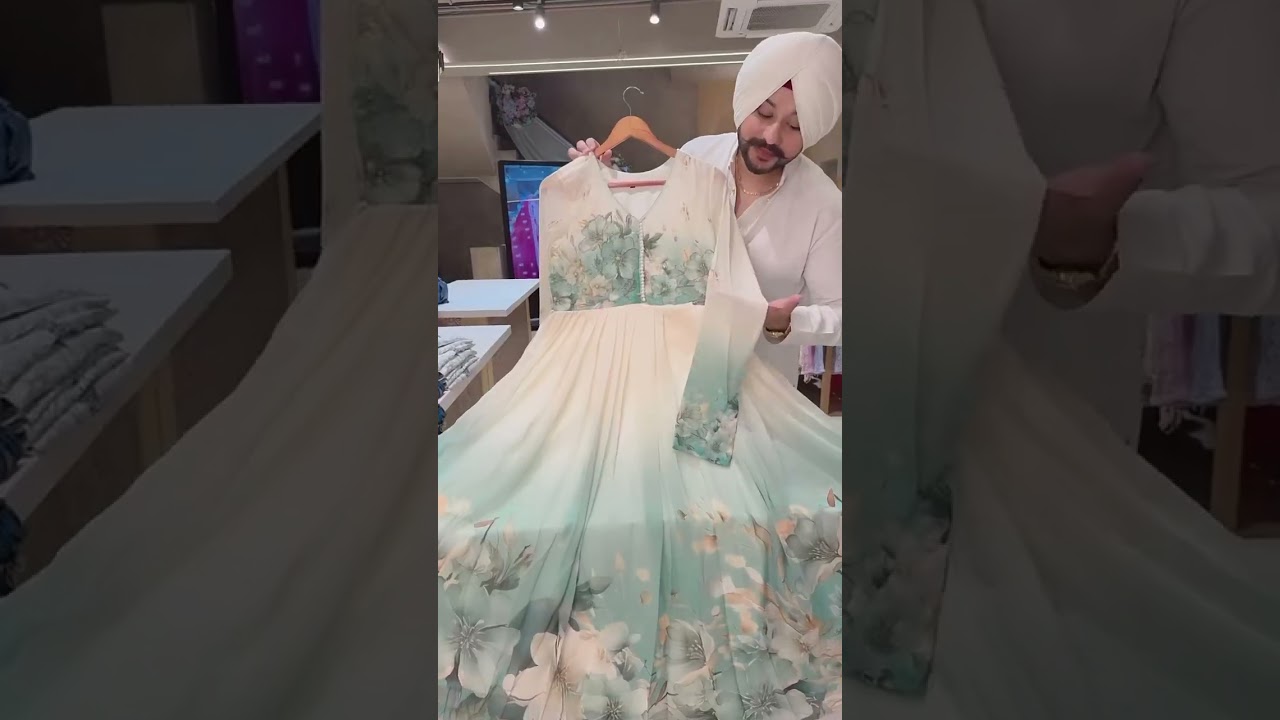 Cream & SeaGreen Chiffon Full Flair Anarkali Suit with hand embroidery work on neck & Embroiderd