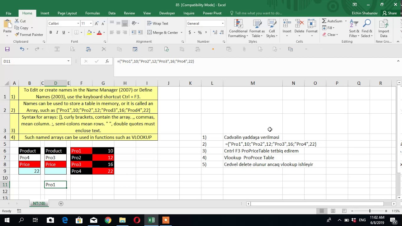 69 Cədvəlin formula ilə yaddaşa verilməsi