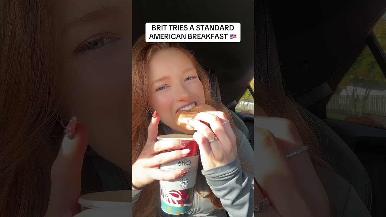 BRIT TRIES A STANDARD AMERICAN BREAKFAST #brit #usa #americanfood #donuts