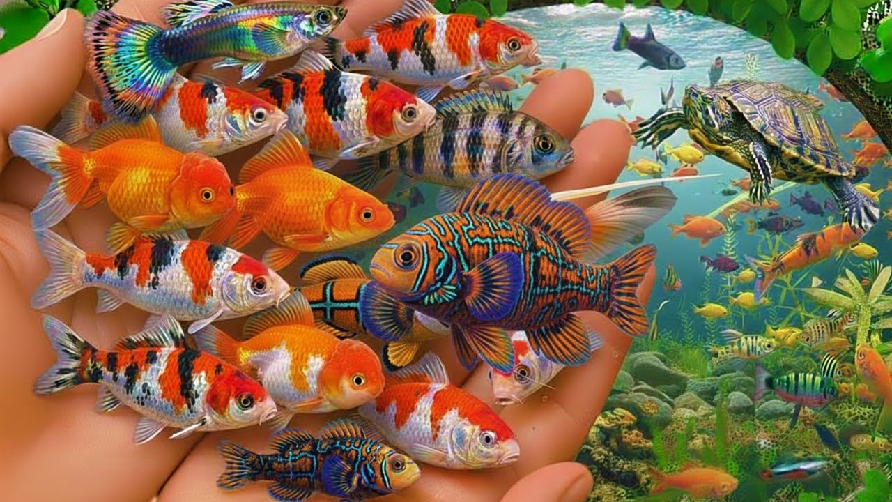Catch beautiful aquarium fish in small pond baby turtle, eel, koi, pencil fish, cute fish, guppies 🐠