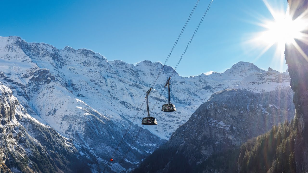 Steepest cable car in the world - Winter in Switzerland - Stechelberg - Mürren - Switzerland