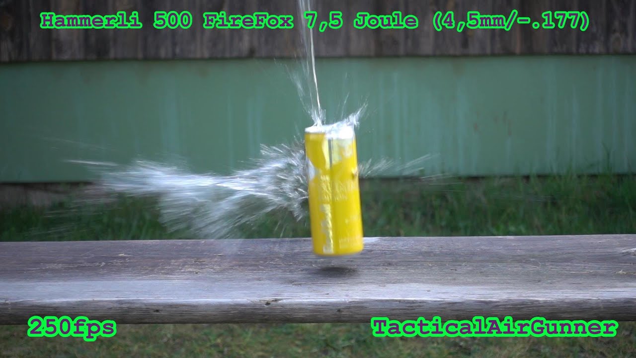 Hammerli FireFox500 (7,5 Joule/4.5mm) vs. Can's (250, 500, 1000fps Slow Motion)