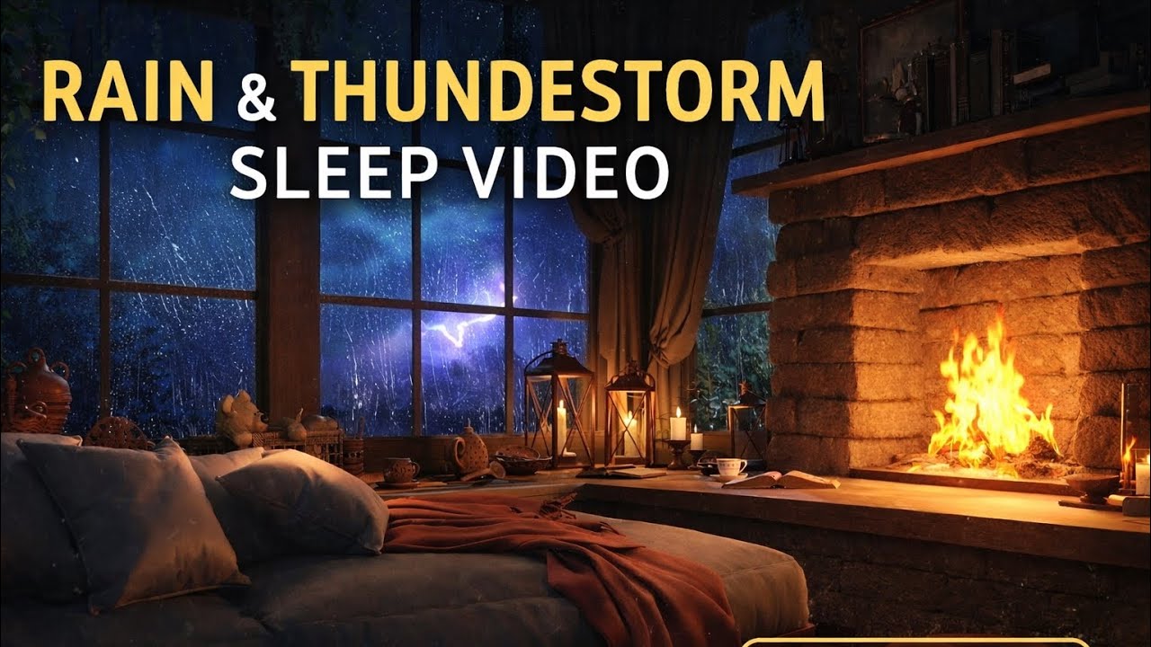 4 Hours Cozy Rain & Thunderstorm 🌧️⚡ Deep Sleep, Relaxing Fireplace Night Ambience