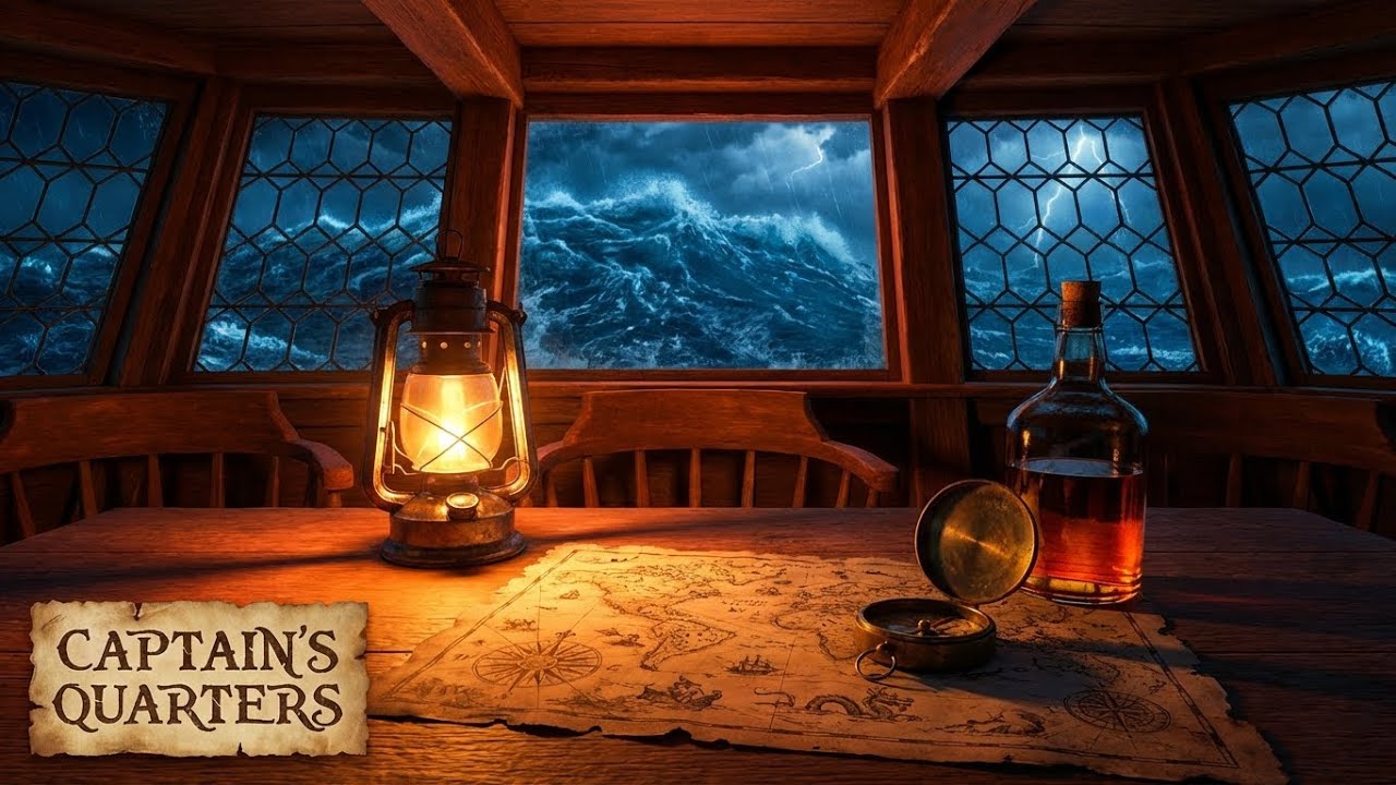 Raging Sea Outside, Safe Cabin Inside 🌊 Cozy Pirate Ship Ambience (Creaking Wood)