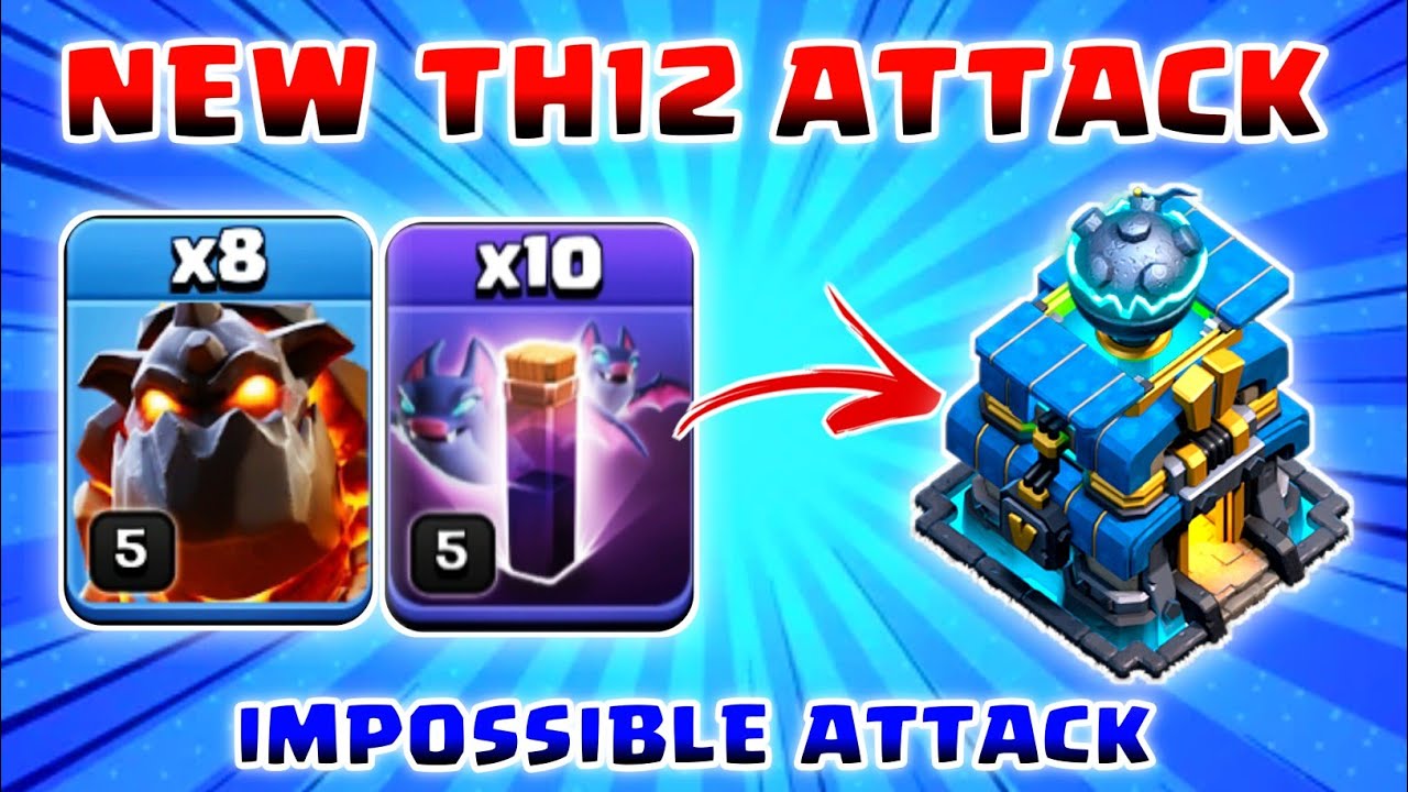 NEW TH12 Attack 8 Lava Hound + 10 Bat spell Attack Strategy!!
